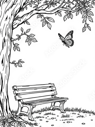 Minimilist a tranquil scene featuring a tree, bench, and butterfly rendered in a detailed line drawing style vector