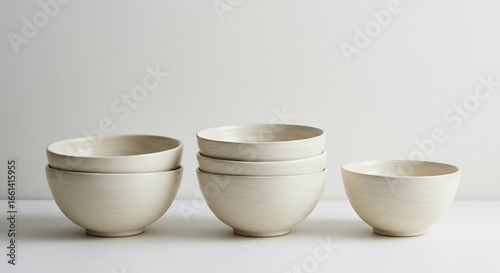 Bols blancs artisanaux reposent doucement lumiere naturelle douce minimaliste �l�gant. AI Generated