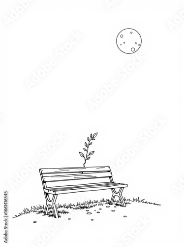 Minimilist a park bench with a plant growing through it under a moon in a black and white line drawing style vector