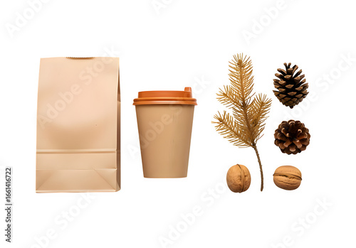 Cozy autumn coffee break setup with kraft paper bag coffee cup and pinecones on a dark backdrop transparent background