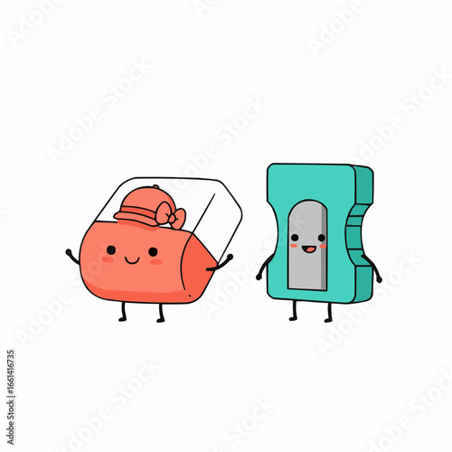Cute eraser and sharpener characters smiling together in playful style  