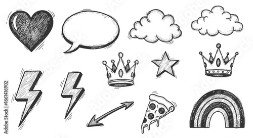 A collection of hand-drawn style icons and doodles including a heart, speech bubble, clouds, crowns, lightning bolts, arrow, star, pizza slice, and rainbow.
