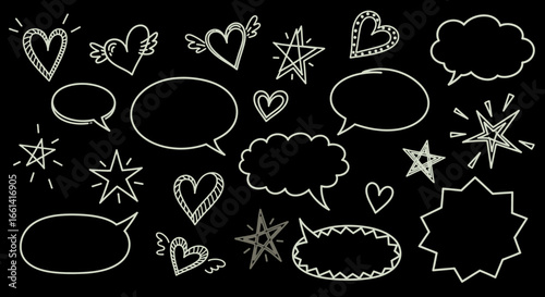 Vibrant hand-drawn hearts, stars, and speech bubbles create a playful, energetic design on black