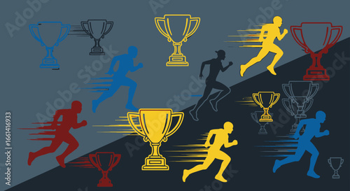 Dynamic runners chase victory and trophies in a vibrant race for success and achievement