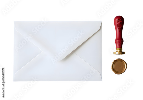 Classic white envelope and traditional wax seal stamp for formal correspondence and invitations transparent background