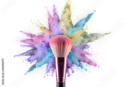 Vibrant explosion of colorful makeup powder with a soft brush in dynamic motion transparent background