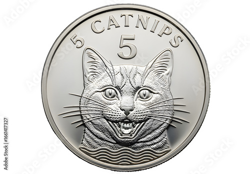 Close-up of a silver coin featuring a detailed cat's face and the number five transparent background