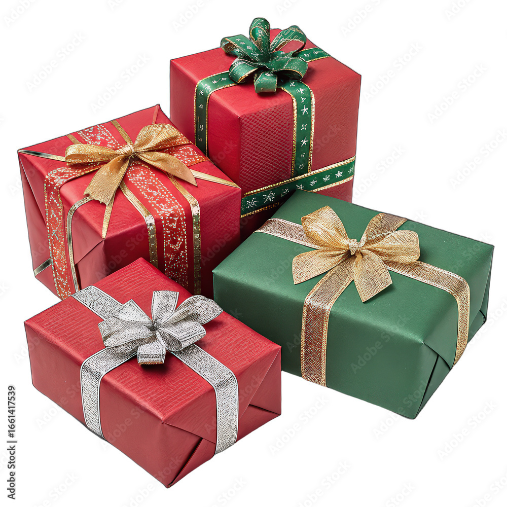 Obraz premium A collection of red and green gift wrapped presents with a red, gold, and silver ribbon png holiday gifts png festive present assortment png colorful gift boxes png Christmas present display png
