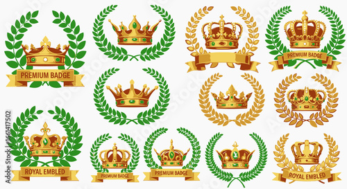 Elegant golden crowns with laurel wreaths signify prestige and premium quality for branding and awards.