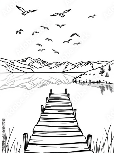 Minimilist a serene landscape featuring a wooden pier leading to a lake with mountains and birds in the sky above view 100 vector