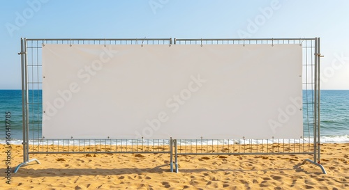 Blank White Banner Mockup on Fence Near Beach for Outdoor Advertising
