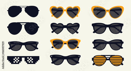 Discover stylish sunglasses collection featuring aviator, heart-shaped, and retro cat-eye designs for summer.