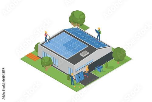 Isometric View of Solar Panel Installation on Modern House by Workers, Highlighting Green Energy and Sustainable Living with Environmental Consciousness