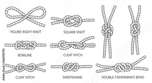 Detailed illustrations of essential knots for sailing, climbing, and various rope crafts
