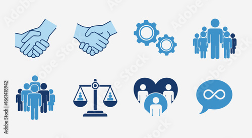 Teamwork, collaboration, and justice icons representing business values and community building