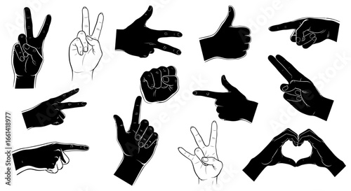 Hand gestures conveying various emotions, communication, and universal symbols in black and white