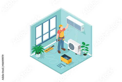 HVAC Technician Installing Air Conditioner: Isometric Illustration for Home Maintenance, Repair, and Cooling System Services for Climate Control and Indoor Comfort
