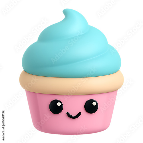 Cute 3D Cupcake with Smile in Pastel Kawaii Cartoon Style, Toy-like Mascot Character Render for Digital Art
