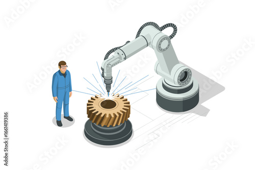 Isometric illustration of a robotic arm laser welding a gear while an engineer watches, highlighting automation, precision engineering, and industrial technology