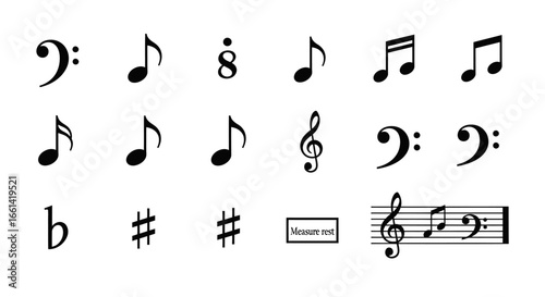 Music notes and symbols collection, ideal for educational materials, musical scores, and creative design projects