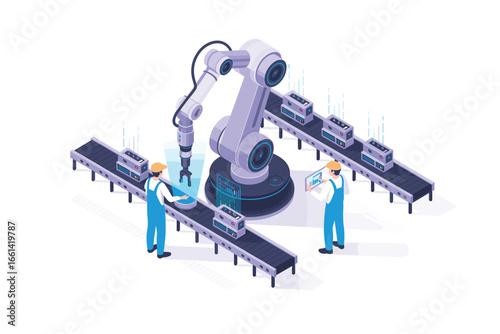 Automated Manufacturing Process with Robotic Arm, Conveyor Belts, and Operators in an Isometric View for Industrial Solutions and Technological Advancement Illustration