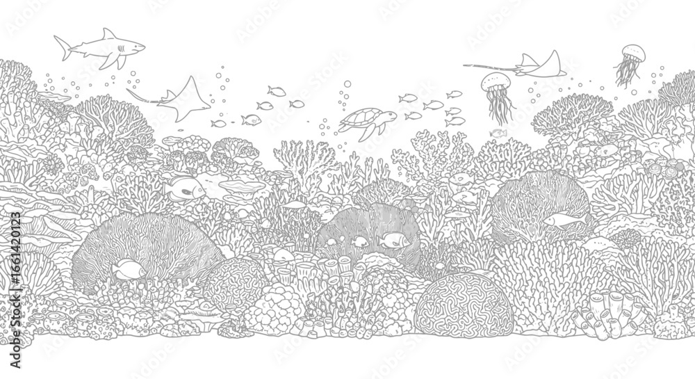 Naklejka premium Explore the vibrant underwater world teeming with aquatic life in this detailed black and white outline