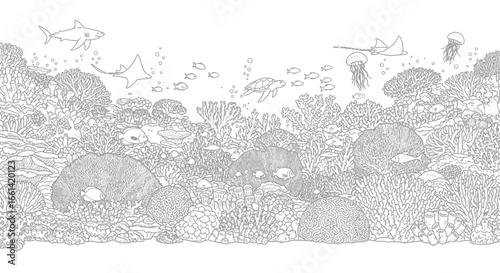 Explore the vibrant underwater world teeming with aquatic life in this detailed black and white outline