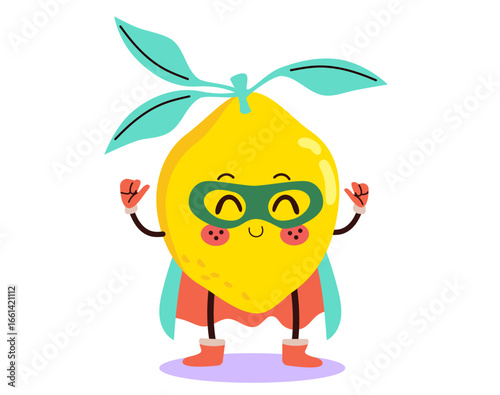 Playful lemon character dressed as a superhero with a cape, perfect for healthy eating campaigns, children’s materials and fresh product branding