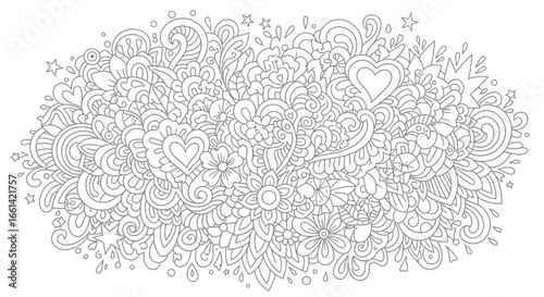 Relaxing coloring page with whimsical hearts, flowers and stars for creative fun and stress relief