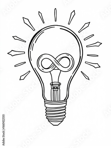 Minimilist illustration of a lightbulb with an infinity symbol inside and radiating light lines around it vector