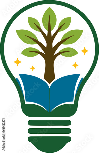 Vector logo of a light bulb with an open book and a growing tree inside, symbolizing education, innovation, sustainability, green knowledge, and lifelong learning inspiration.