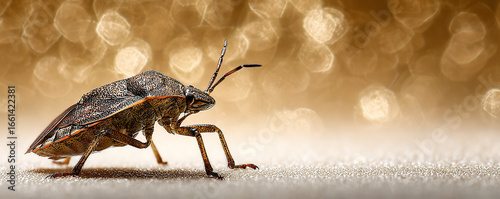 Close-up of a brown marmorated stink bug on a textured surface with a blurry warm background highlighting its intricate details