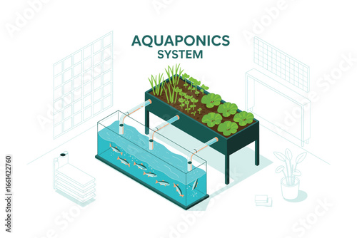 Isometric Aquaponics System Illustrating Sustainable Food Production, Blending Aquaculture and Hydroponics for a Thriving Ecosystem and a Modern Agriculture Revolution