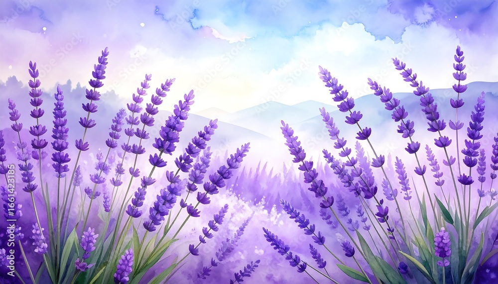 Fototapeta premium Lavender field watercolor illustration