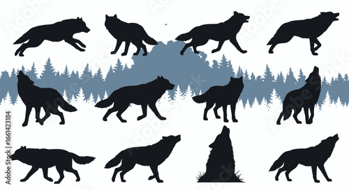 Majestic wolf silhouettes howling under a silvery moonlit forest scene, perfect for branding and creative projects
