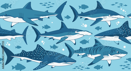 Dive into a vibrant underwater world with playful cartoon sharks swimming in the deep blue ocean depths