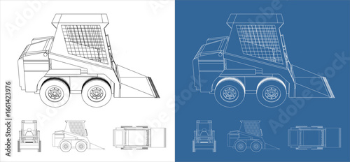 Vector set skid steer loader technical line drawing multiple views