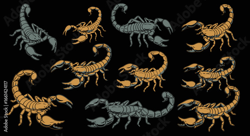 Intricate scorpion illustrations in shades of gold, bronze, and steel against a stark black backdrop