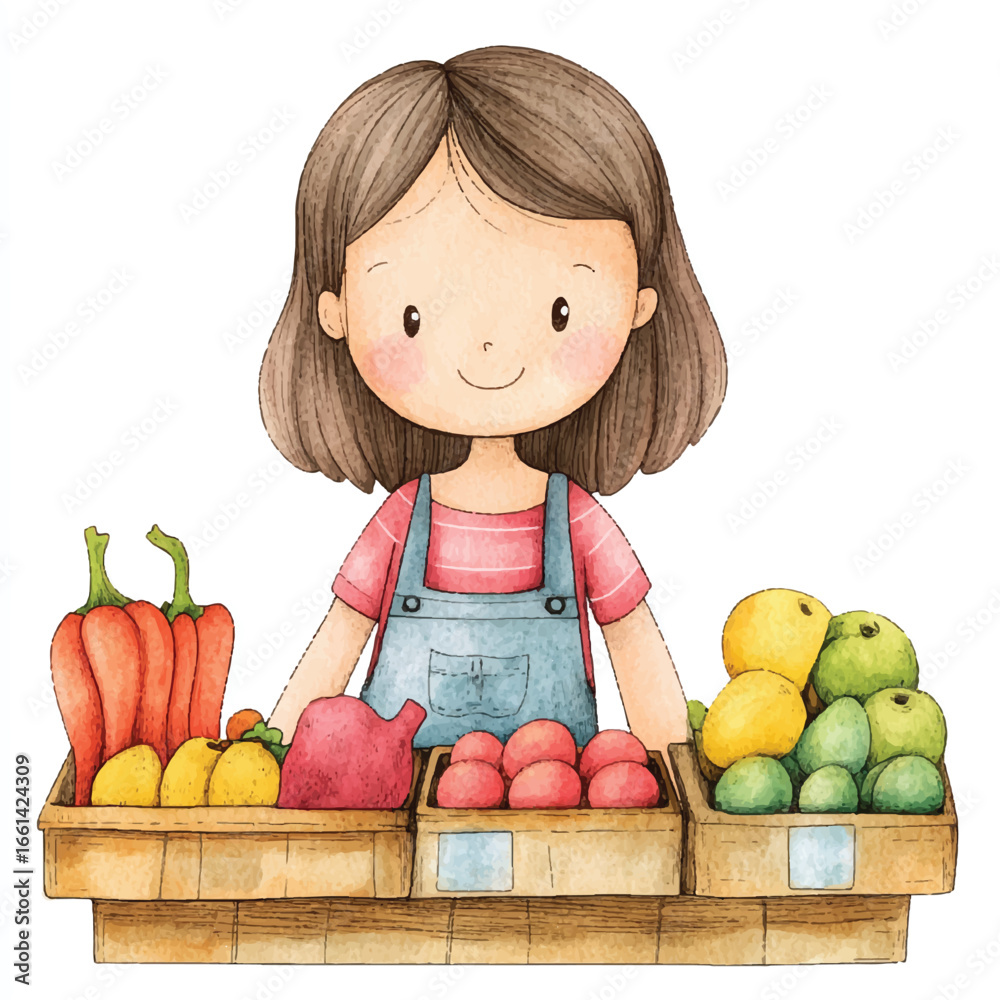Fototapeta premium Watercolor Girl Selling Fresh Produce at a Rustic Wooden Market Stall