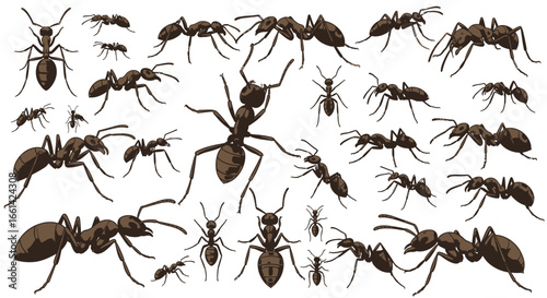 Detailed ant illustration featuring diverse species for biology educational resources or pest control marketing