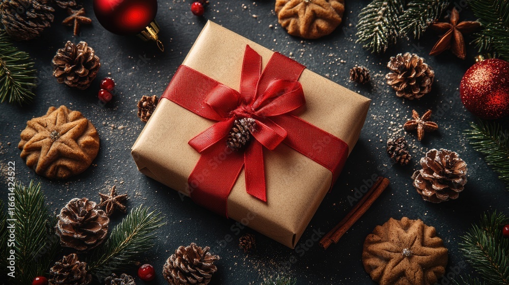 Fototapeta premium Christmas Gift Surrounded By Festive Decorations