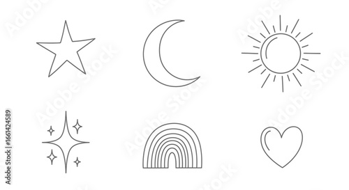 Minimalist celestial outline icons shining with love and magic, perfect for modern logo design and spiritual themes