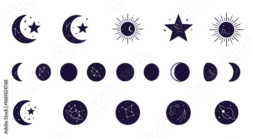 Celestial moon phases and constellations for astrology lovers, perfect for dreamy designs and cosmic projects