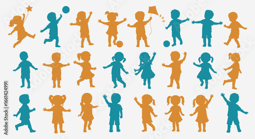 Vibrant silhouettes of cheerful children playing, perfect for educational materials and joyful designs, full of energy