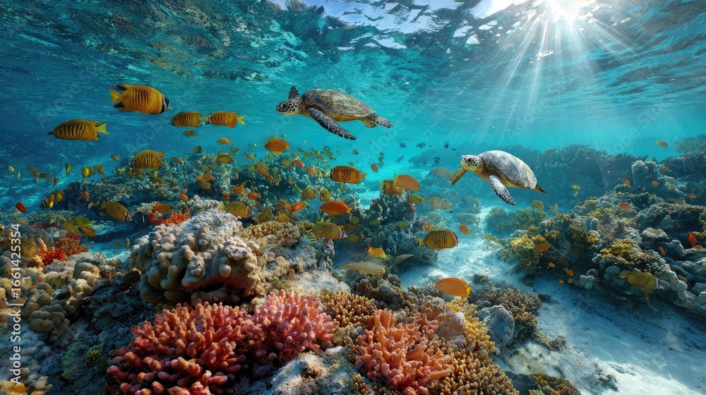 Fototapeta premium Underwater coral reef teeming with colorful fish and turtles. Sunlight streams through the water