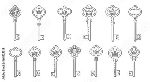 Collection of elegant antique skeleton keys with ornate crowns, perfect for unlocking secrets and history