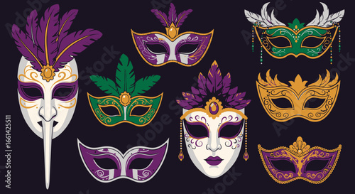 Collection of ornate Mardi Gras masks in various colors and designs.