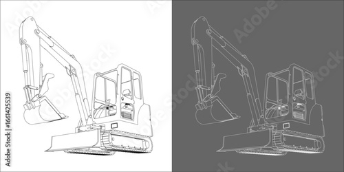 Mini excavator technical line drawing front isometric view with raised bucket