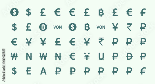 Diverse global currency symbols including Bitcoin, dollar, euro, yen, pound, rupee, ruble, won, and more
