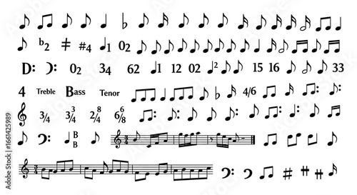 Diverse collection of musical notation symbols and elements for educational or creative projects